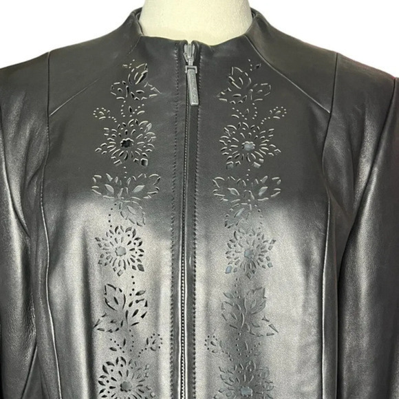 PRESTON & YORK Black Leather Jacket Cutout Design Zip Up Size Medium - Picture 4 of 8